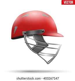 Red Classic Cricket Helmet Side View. Sport symbol and equipment. Vector Illustration isolated on white background.