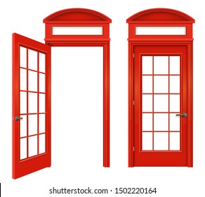 Red classic English telephone booth. Street of London. Facades. Transparency effect. Set