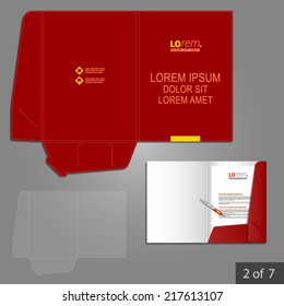 Red classic folder template design for company with yellow central line. Element of stationery.