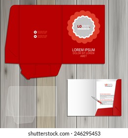 Red classic folder template design for corporate identity with round wavy element. Stationery set