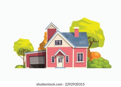 red classic house front view with garden