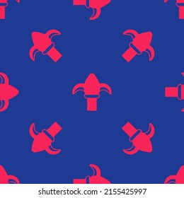 Red Classic iron fence with metal pillars icon isolated seamless pattern on blue background. Ancient wrought iron fence.  Vector