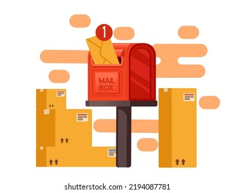 Red classic mailbox with cardboard boxes and envelope ready to send package delivery concept vector illustration isolated on white background