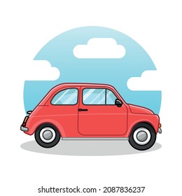 Red classic mini car isolated illustration, red colorful simple outline cartoon style illustration of a red vintage vehicle, flat design vehicle from side view, isolated on white background.