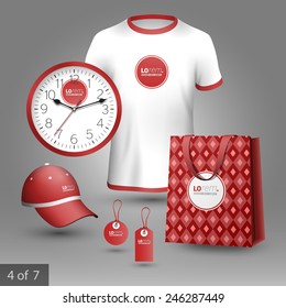 Red classic promotional souvenirs design for corporate identity with geometric pattern. Stationery set