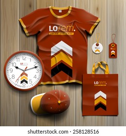 Red classic promotional souvenirs design for corporate identity with black and yellow arrows. Stationery set