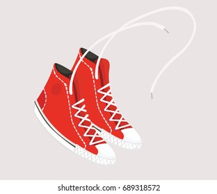 Red classic sneaker trip tickets. A pair of high shoes on a light background. Unbound shoelaces. Isolated objects for your design