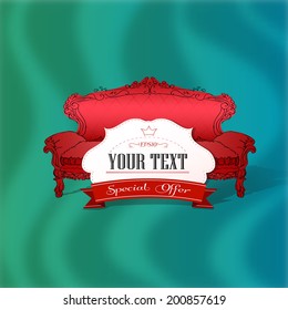 Red classic sofa with sticker and ribbon
