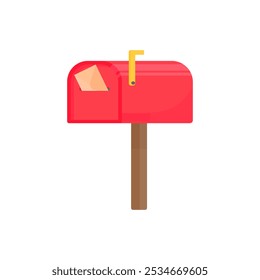 Red classic street mailbox in cartoon style on a white isolated background. A closed mailbox with a delivered letter. Fast delivery symbol. Post Day