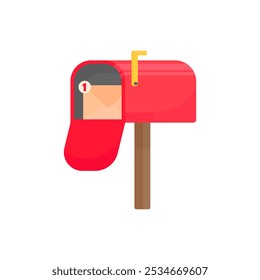 Red classic street mailbox in cartoon style on a white isolated background. An open mailbox with a delivered letter. Fast delivery symbol. Post Day