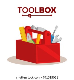 Red Classic Toolbox Vector. Full Of Equipment. Flat Cartoon Isolated Illustration