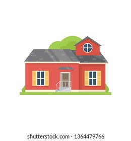 Red classic village house with big windows and fence