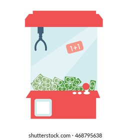 red Claw crane game machine with money illustration isolated in a white background