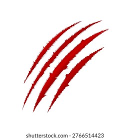 Red claw scratch mark with torn edges. Wild animal slash trace showing sharp nail damage. Design element for horror, fantasy, mystery, Halloween. Realistic vector illustration.