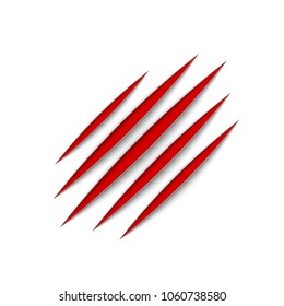 Red claws animal scratch scrape track. Cat or tiger scratches paw shape. Four nails trace. Vector illustration isolated on white