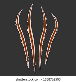 Red claws animal scratch scrape track isolated on dark background. Vector illustration, eps10. Cat tiger scratches paw shape. Four nails trace. Damaged cloth. Ragged edges