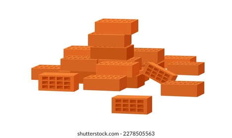 Red clay bricks pieces heap. Brown construction material. Rectangle building units, stacked blocks pile for masonry, repair, renovation. Flat vector illustration isolated on white background