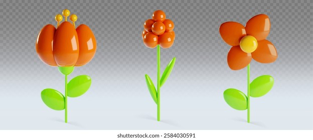 Red clay flowers set isolated on transparent background. Vector realistic illustration of blooming plant with green leaves and red petals, glossy plastic blossom, summer garden or field flora, gift