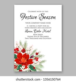 Red clematis Wedding invitation or bridal shower floral vector card template printable background for marriage peony rose