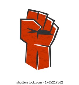 Red clenched fist symbol of revolution. Red vector silhouette raised fist. Victory logo for rebel demonstration. Revolution worker fist emblem.