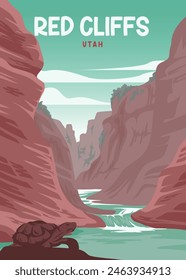 red cliffs and creek summer poster vintage illustration design, red cliffs utah