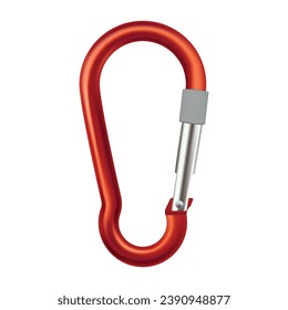 Equipo de montañismo de seguridad de carabiner de escalada roja con armazón de acero ilustrativo vectorial realista. Fuerte herramienta metálica con cerradura para el deporte extremo de senderismo y camping escalador protección fiable