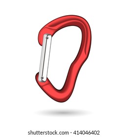 Red climbing carabiner with shadow. Isolated on the white background. 