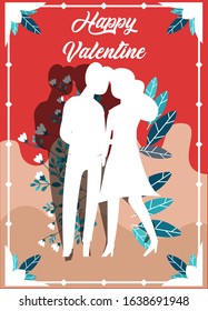 Red Clip Art Happy Valentine’s Day Vector Illustration of a White Sillhouette Romantic Couple in Love who Hug and Kiss. Couple in Love on Leaf Background for Gift, Greeting Card, Wallpaper