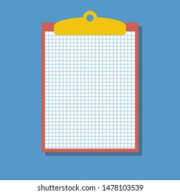 red clipboard with checkered blank sheet, flat vector illustration