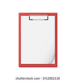 Red clipboard with a few sheets of paper. Realistic style. Notepad for documents isolated on white background. Template vector illustration