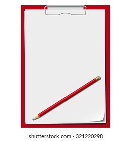  Red clipboard with a few sheets of paper and red pencil.  Vector image. Realistic style.