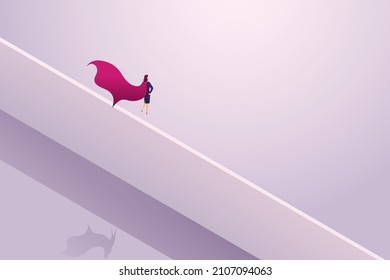 Red cloaked business woman hero floating above wall. Demonstrates strong female empowerment, equality, gender equality in work and business. isometric vector illustration.