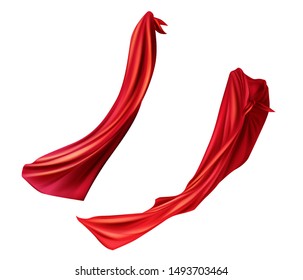 Red cloaks set. Silk flattering capes side view on different positions isolated on white background. Carnival, masquerade dress, superhero costume design 3d realistic vector illustration, clip art