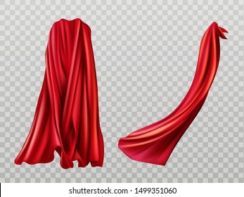 Red cloaks set. Silk flattering capes back and side view isolated on transparent background. Carnival, masquerade dress, superhero costume design element. 3d realistic vector illustration, clip art