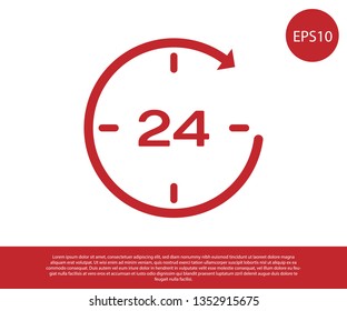 Red Clock 24 hours icon isolated on white background. All day cyclic icon. 24 hours service symbol. Vector Illustration