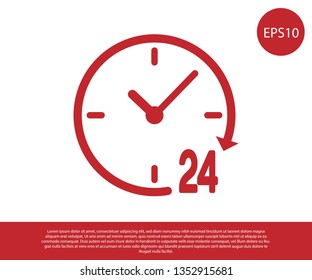 Red Clock 24 Hours Icon Isolated On White Background. All Day Cyclic Icon. 24 Hours Service Symbol. Vector Illustration