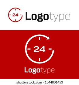 Red Clock 24 hours icon isolated on white background. All day cyclic icon. 24 hours service symbol. Logo design template element. Vector Illustration
