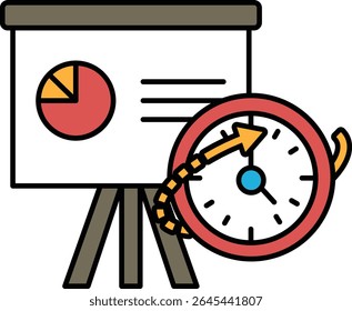 Um relógio vermelho com uma seta para a direita. O relógio está em um suporte e está ao lado de um quadro branco com um gráfico de pizza nele