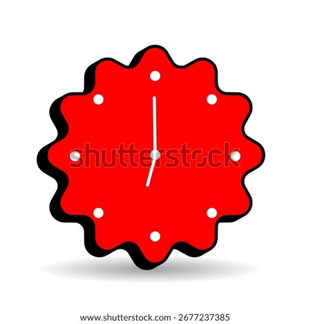 Red clock badge with scalloped edge and white hands pointing to twelve, perfect for time management, punctuality, scheduling, and digital interface design.