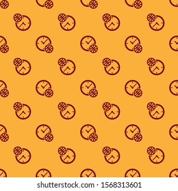 Red Clock with basketball ball inside icon isolated seamless pattern on brown background. Basketball time. Sport and training.  Vector Illustration