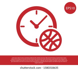 Red Clock with basketball ball inside icon isolated on white background. Basketball time. Sport and training.  Vector Illustration