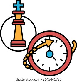 A red clock with a blue face and a white number 12 on it. The clock is surrounded by a red circle and a yellow chess piece