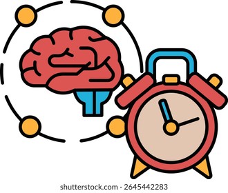 Um relógio vermelho com um cérebro ao fundo. O relógio está definido para a hora das 10:00