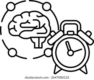 Um relógio vermelho com um cérebro ao fundo. O relógio está definido para a hora das 10:00