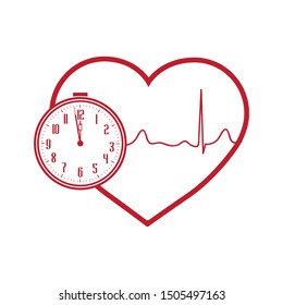 red clock, cardiogram line and heart, vector