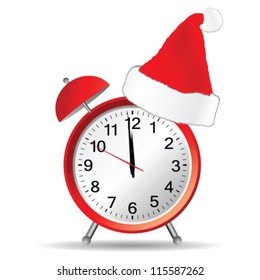 red clock with christmas hat vector illustration