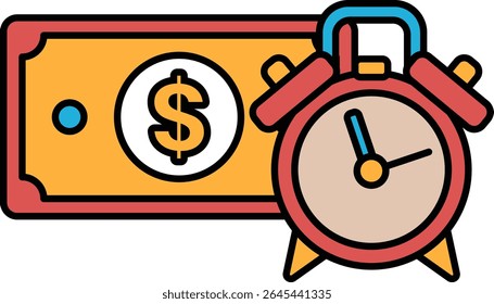 Um relógio vermelho com um cifrão nele. O relógio está definido para a hora das 10:00