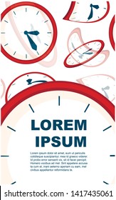 Red clock faces with blue pointers. Deformed and distorted clock face. Flat vector illustration on white background. Advertising flyer or greetings card design