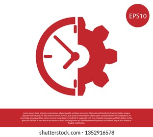 Red Clock and gear icon isolated on white background. Time Management symbol. Business concept. Vector Illustration