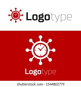 Red Clock and gear icon isolated on white background. Time Management symbol. Business concept. Hub and spokes and clock solid icon. Logo design template element. Vector Illustration